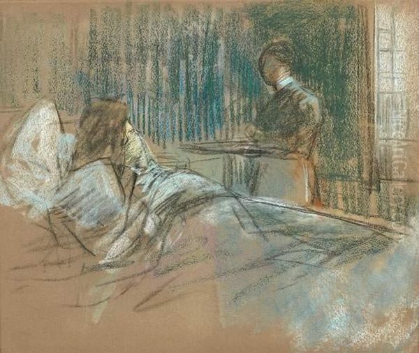 Petit Dejeuner Au Lit, Vers 1895 Oil Painting by Jean-Louis Forain