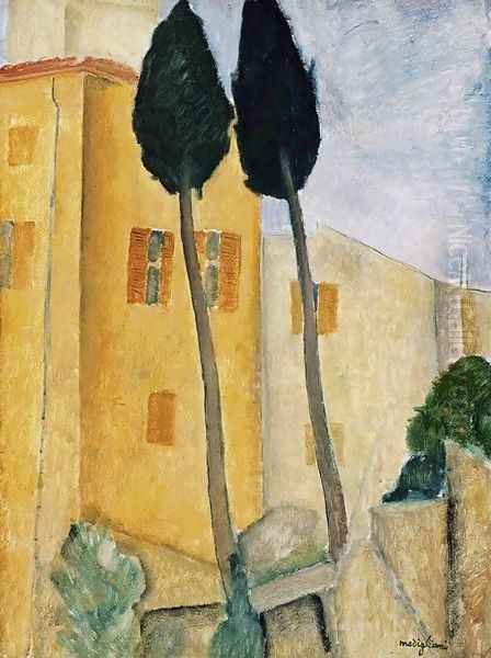 Cypress Trees and Houses, Midday Landscape Oil Painting by Amedeo Modigliani