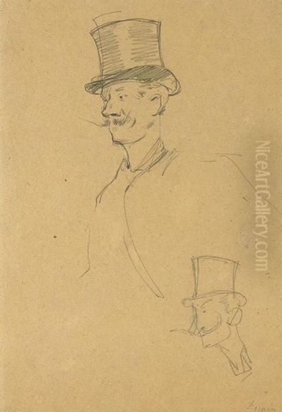 A Mustachioed Gentleman, 
Half-length, Wearing A Top Hat, And A Subsidiary Study Of The Same 
Figure Oil Painting by Jean-Louis Forain