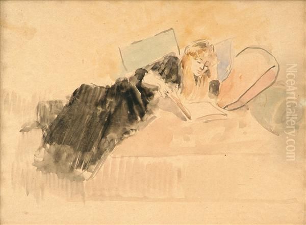 A Reclining Girlreading A Book Oil Painting by Jean-Louis Forain