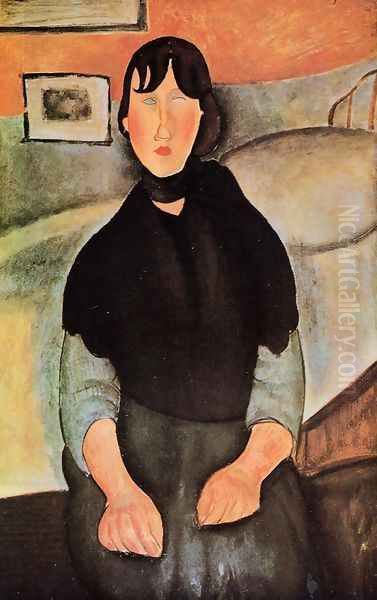 Dark Young Woman Seated by a Bed Oil Painting by Amedeo Modigliani