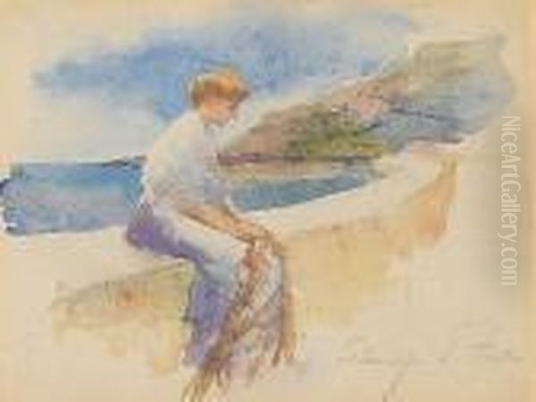 Lady Seated On Harbour Wall, Cornwall Oil Painting by Stanhope Alexander Forbes