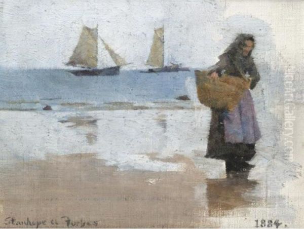 Study For A Fish Sale On A Cornish Beach Oil Painting by Stanhope Alexander Forbes