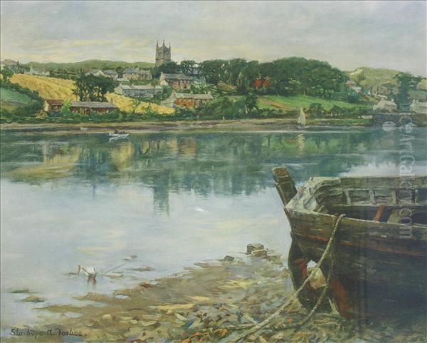 Childrenresting Beside A Stream; Village On The Banks Of An Estuary Oil Painting by Stanhope Alexander Forbes