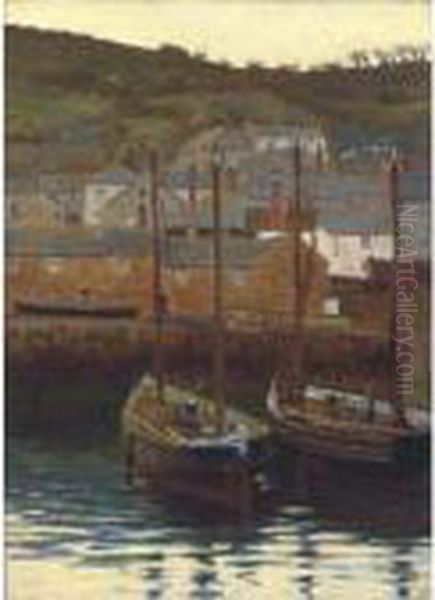 Fishing Boats In A Cornish Harbour At Dusk Oil Painting by Stanhope Alexander Forbes