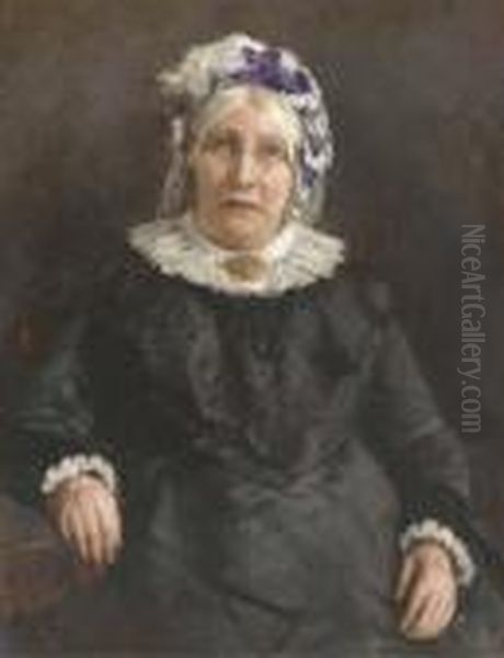 Portrait Of A Lady, Seated Three-quarter-length, In A Black Dressand Lace Bonnet Oil Painting by Stanhope Alexander Forbes