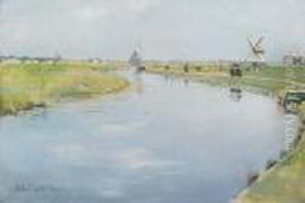 A Dutch River Landscape Oil Painting by Stanhope Alexander Forbes