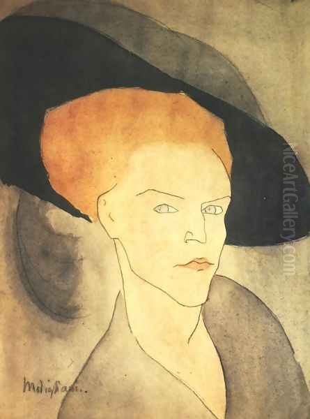 Head Of A Woman With A Hat Oil Painting by Amedeo Modigliani