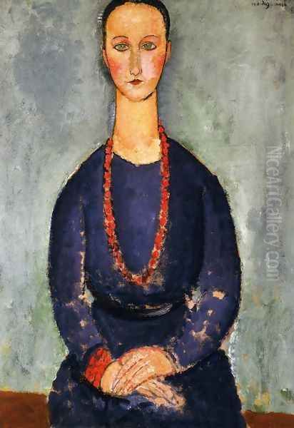 Woman in a Red Necklace Oil Painting by Amedeo Modigliani