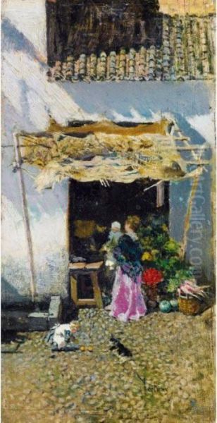 Jeune Femme A La Jupe Lilas, Devant Une Echoppe De Legumes Oil Painting by Mariano Jose Maria Bernardo Fortuny y Carbo