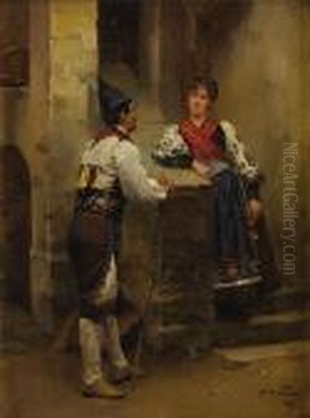 Conversation In A Courtyard Oil Painting by Mariano Jose Maria Bernardo Fortuny y Carbo