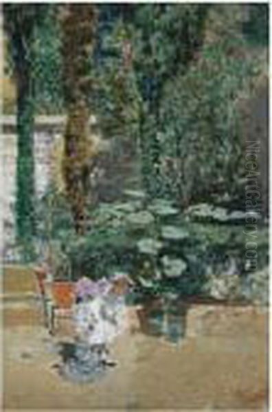 Nina En El Jardin Del Artista, 
Granada (young Girl In The Garden Of The Artist's Studio, Granada) Oil Painting by Mariano Jose Maria Bernardo Fortuny y Carbo