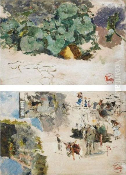 Dos Estudios: Hojas; Caballos Con Figuras (two Studies: Foliage; Horses And Figures) Oil Painting by Mariano Jose Maria Bernardo Fortuny y Carbo