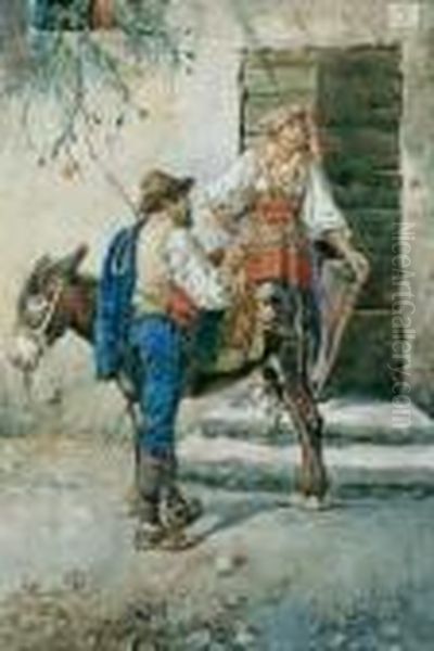 Italienisches Bauernpaar Mit Einem Esel. Oil Painting by Mariano Jose Maria Bernardo Fortuny y Carbo