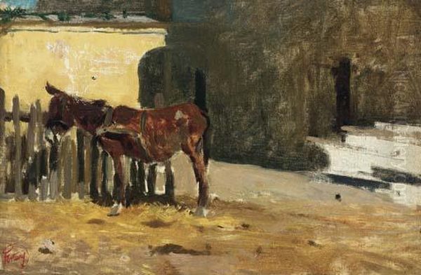 Un Burro En Un Patio Oil Painting by Mariano Jose Maria Bernardo Fortuny y Carbo