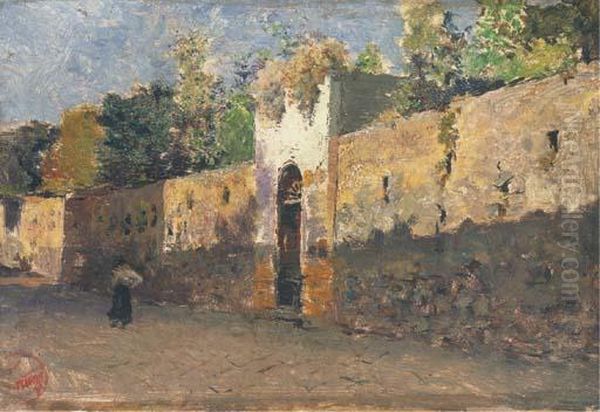 Une Passante Le Long Du Mur D'un Parc A Rome Oil Painting by Mariano Jose Maria Bernardo Fortuny y Carbo