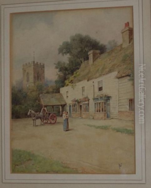 Mother And Child, Horse And Cart Before A Village Oil Painting by Myles Birket Foster