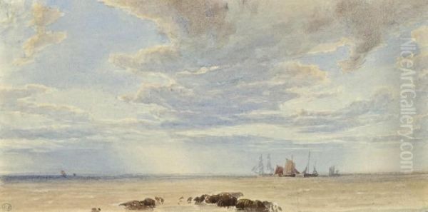 Shipping In A Calm Oil Painting by Myles Birket Foster