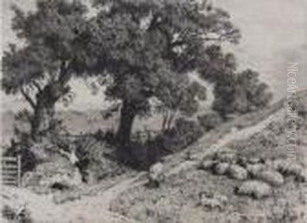 Farmer Boy Resting Under The Trees With His Dog And Sheep; 
Etching Oil Painting by Myles Birket Foster