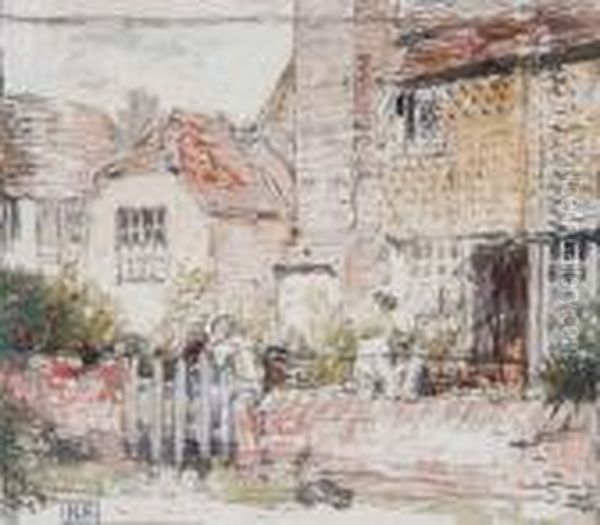 Figures In A Cottage Garden Oil Painting by Myles Birket Foster