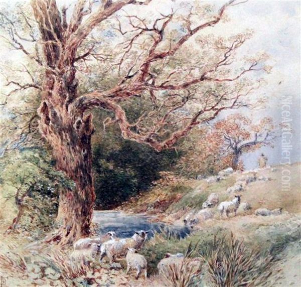 Shepherd And Flock Beside A Stream Oil Painting by Myles Birket Foster