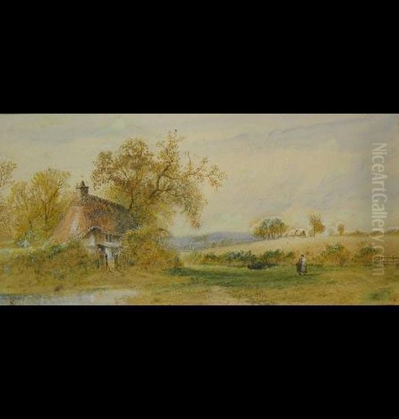 Country Scene With
Figures Outside A Cottage By A Pond Oil Painting by Myles Birket Foster