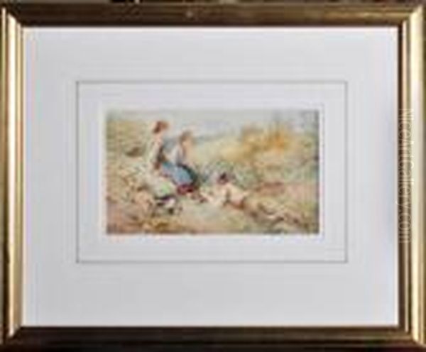 Two Girls And A Boy Examining A Bird's Nest Oil Painting by Myles Birket Foster