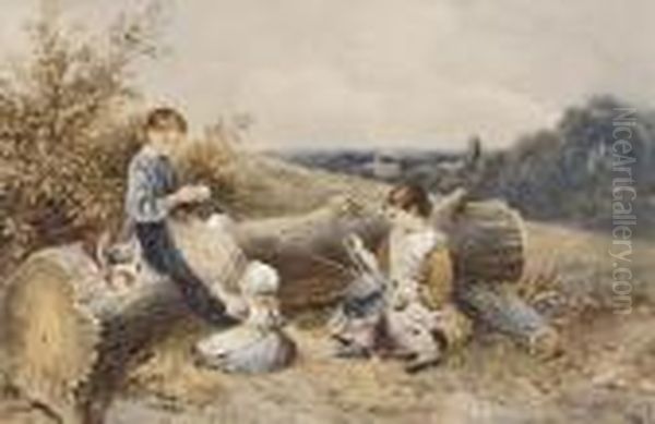 Three Sisters In A Landscape Oil Painting by Myles Birket Foster