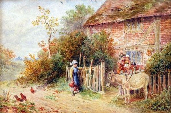 Family Group And Donkey Before Acottage Oil Painting by Myles Birket Foster