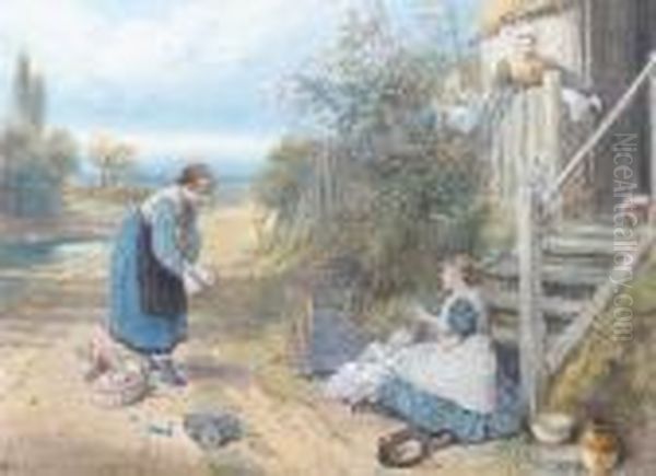 Playing With Baby Oil Painting by Myles Birket Foster