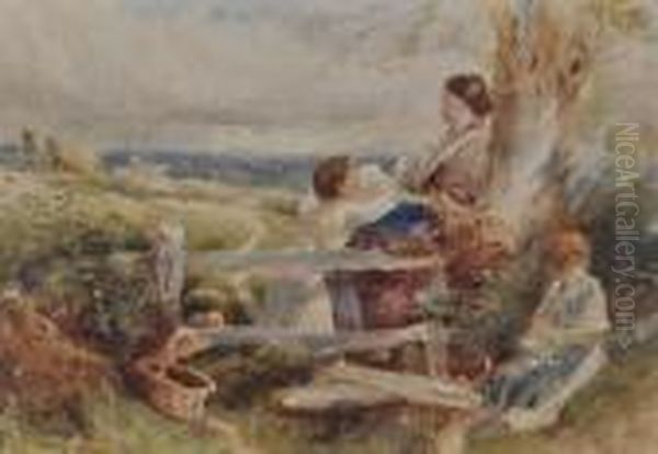 Womanand Children By A Stile Oil Painting by Myles Birket Foster