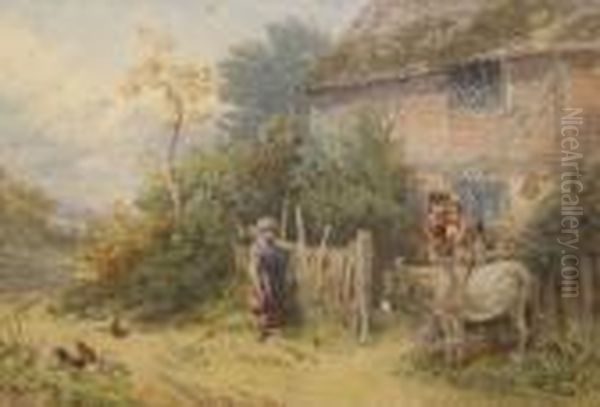 Figures And Donkey Before A Cottage Oil Painting by Myles Birket Foster