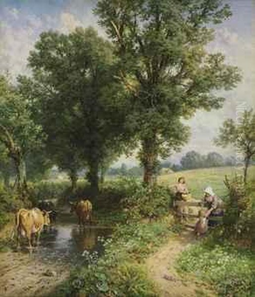 The Footpath By The Waterlane Oil Painting by Myles Birket Foster