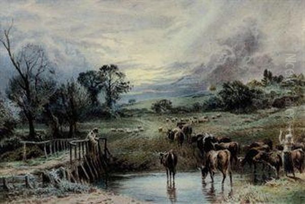 Herding The Cattle At Dusk Oil Painting by Myles Birket Foster