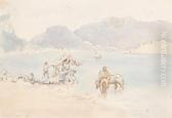 Women Washing At Stressa, Lake Garda Oil Painting by Myles Birket Foster