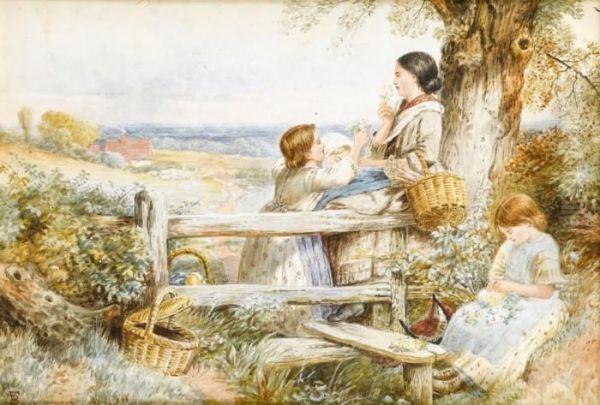 The Stile; Haymaking Oil Painting by Myles Birket Foster