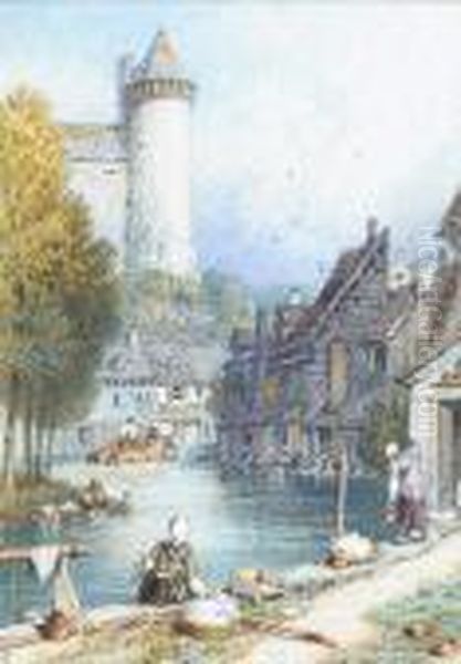 A Continental Town Oil Painting by Myles Birket Foster