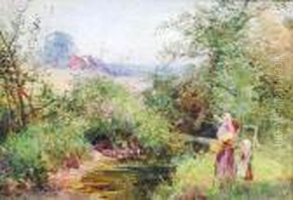 Figures Before A Stream Oil Painting by Myles Birket Foster