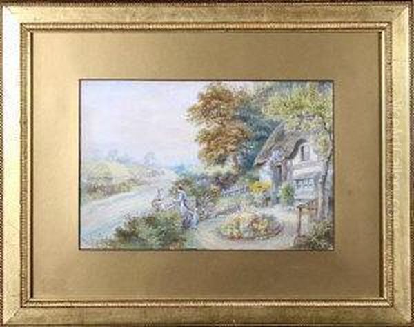 Two Women And A Child In The Garden Of A Thatched Cottage Oil Painting by Myles Birket Foster