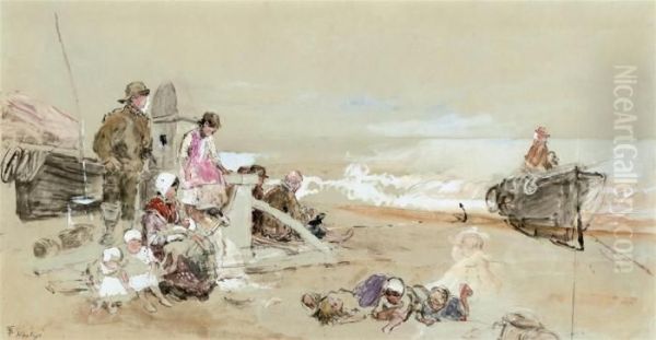 Figures Waiting On The Shore At Hastings Oil Painting by Myles Birket Foster