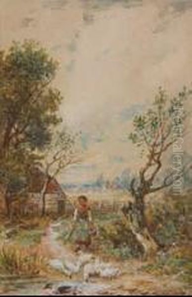 Feeding The Ducks Oil Painting by Myles Birket Foster