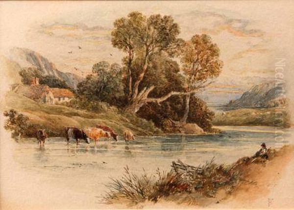 Cattle Watering With Figure On Riverbank Oil Painting by Myles Birket Foster