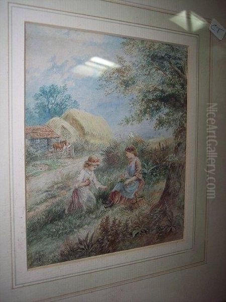 Children Gathering Flowers Oil Painting by Myles Birket Foster