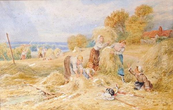 Harvest Scene Oil Painting by Myles Birket Foster