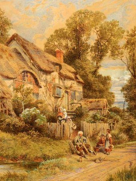 Chair Mender And Other Figures By A Country Cottage Oil Painting by Myles Birket Foster