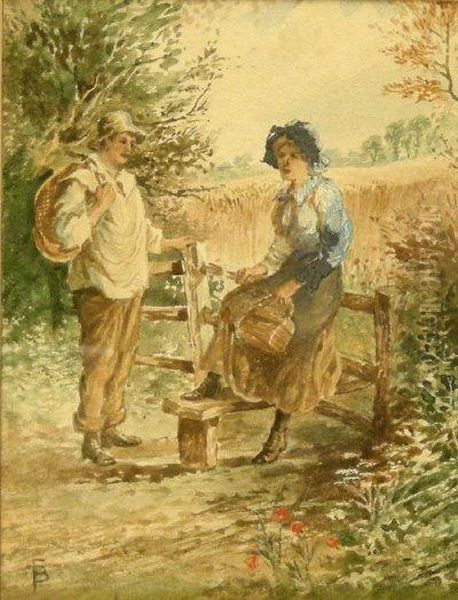 Conversation At The Stile Oil Painting by Myles Birket Foster