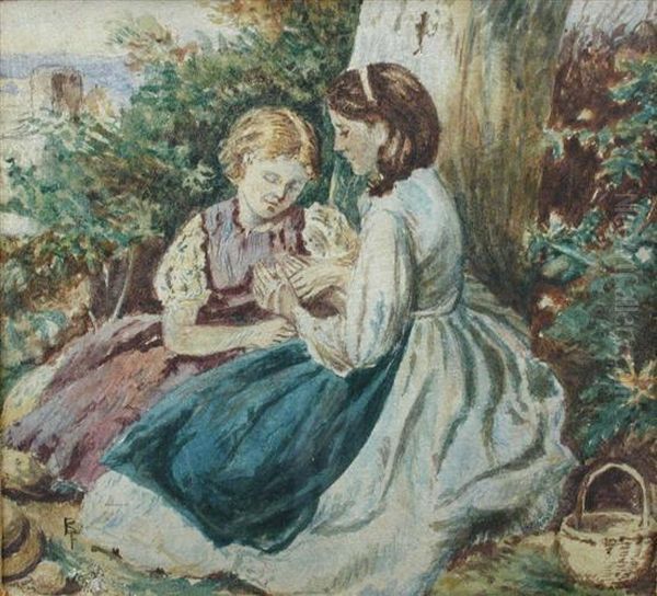 Two Girls Picking Primroses Oil Painting by Myles Birket Foster