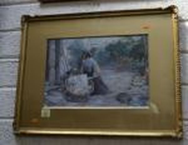 Infant In A Basket By A Cottage With Mother Oil Painting by Myles Birket Foster