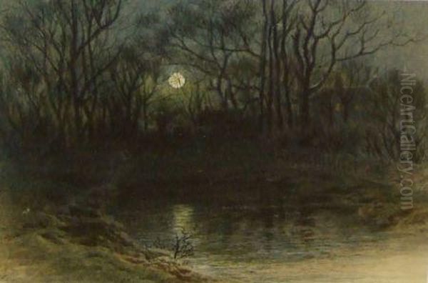 A Woodland Pool By Moonlight Oil Painting by Myles Birket Foster