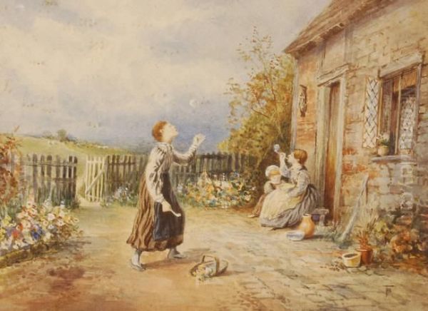 Children Blowing Bubbles Outside A Cottage Oil Painting by Myles Birket Foster